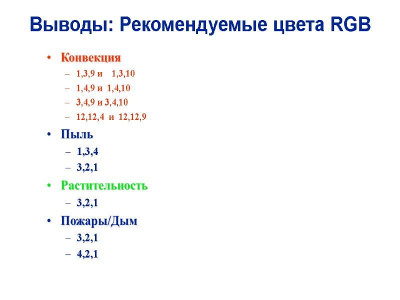 Выводы: Рекомендуемые цвета RGB Конвекция 1,3,9 и    1,3,10 1,4,9 и 